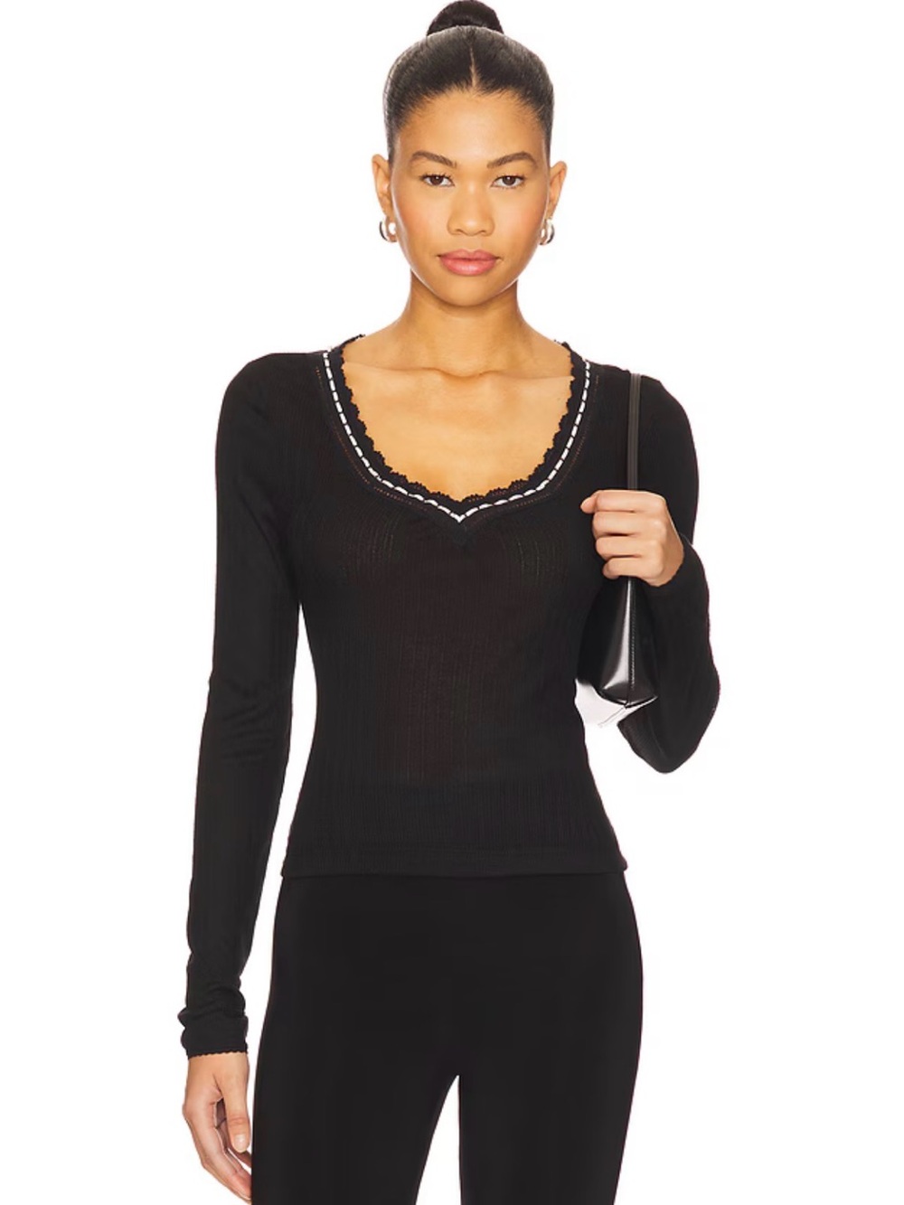 Free People Black Ribbed Long-Sleeve V-Neck Top with White Trim